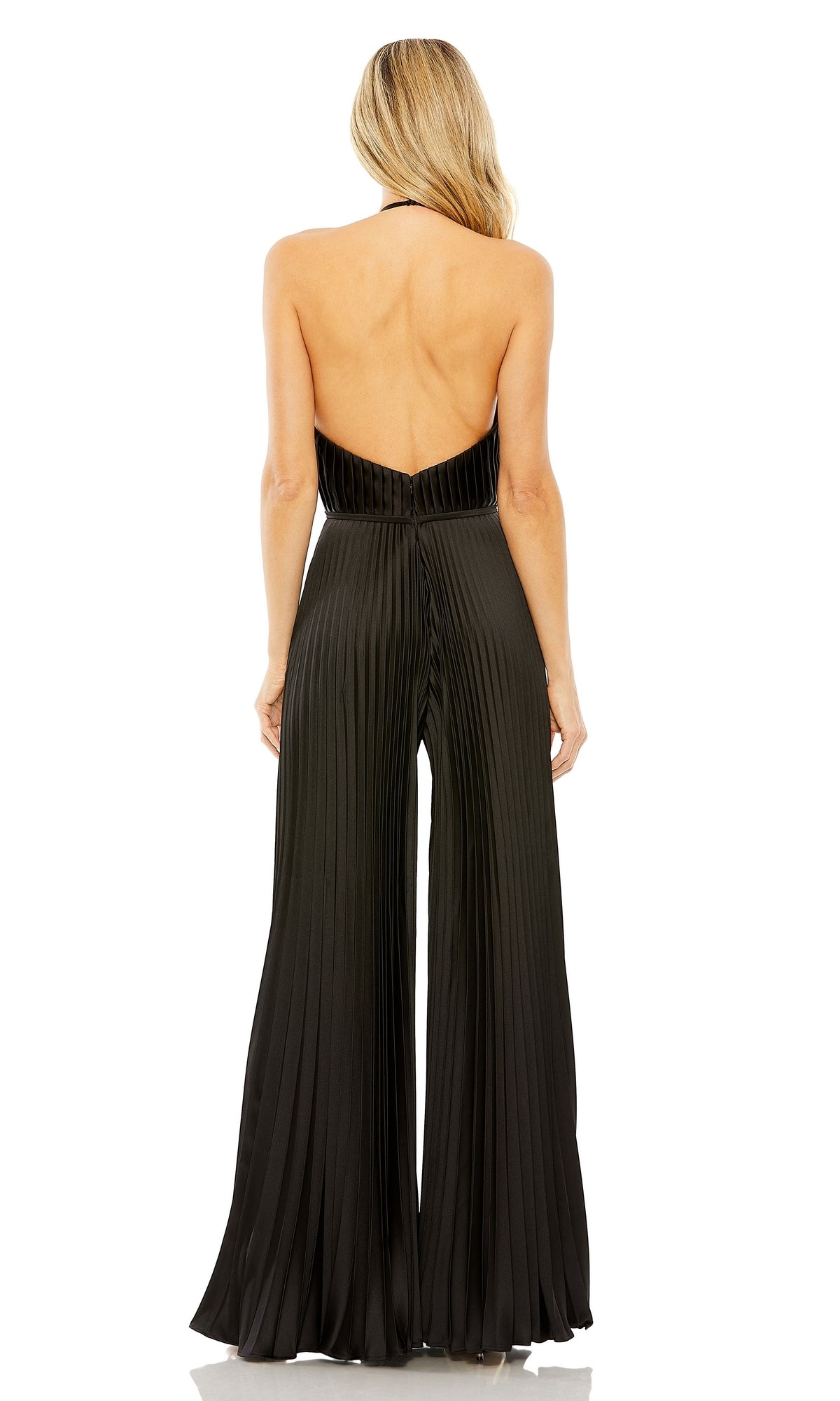 A woman faces away, wearing the High-Neck Long Black Pleated Formal Jumpsuit 27457 with wide legs, set against a plain white background.